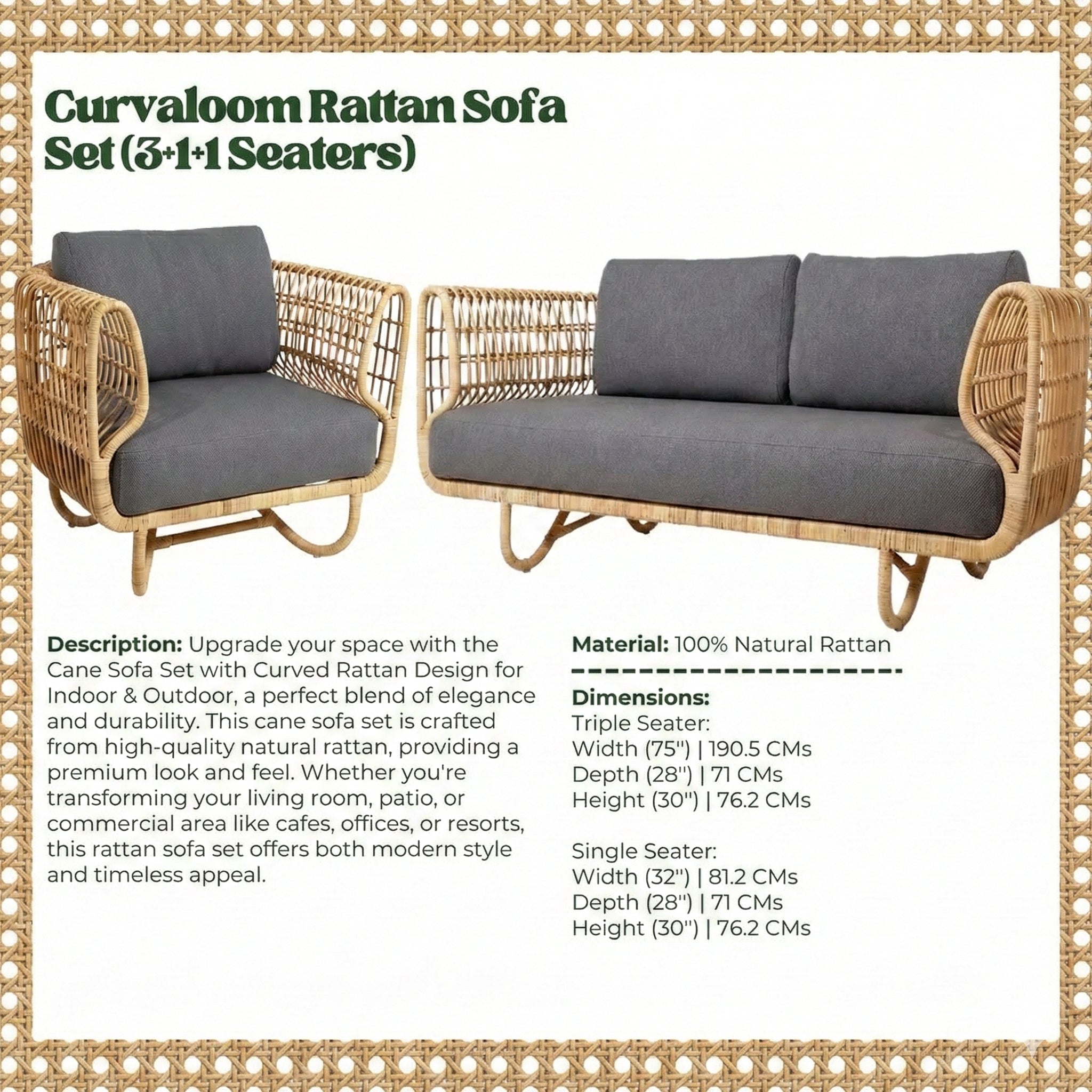 Cane Sofa Set with Curved Rattan Design for Indoor & Outdoor