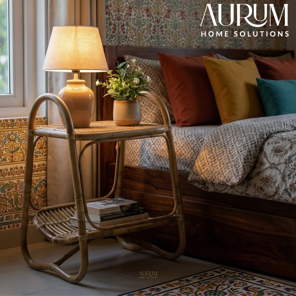 Side Table with Double-Tier Rattan Design