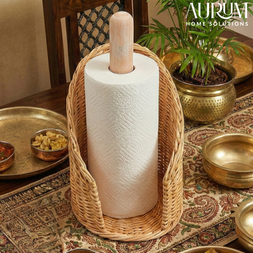 Paper Towel Holder Jiggler with Natural Rattan Weave