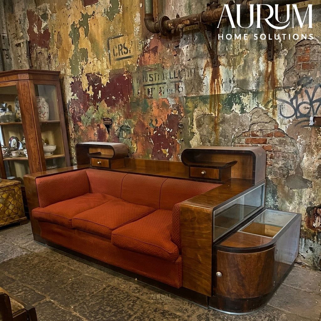 Walnut Italian Sofa with Built-In Bar Cabinet