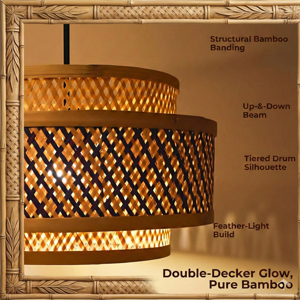 Double Layer Bamboo Hanging Lamp - Tiered Drum Pendant
