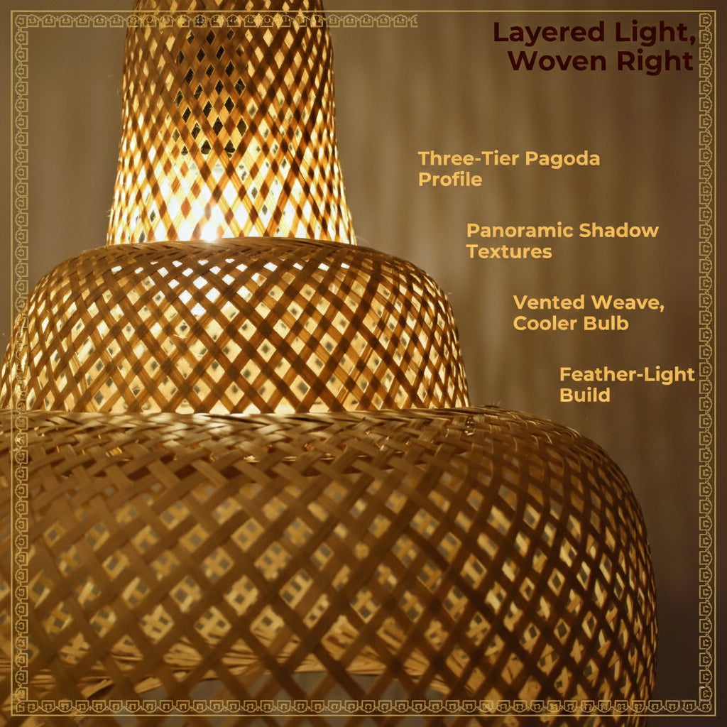 Sereni Glow Bamboo Hanging Lamp – Three-Tier Pagoda Pendant