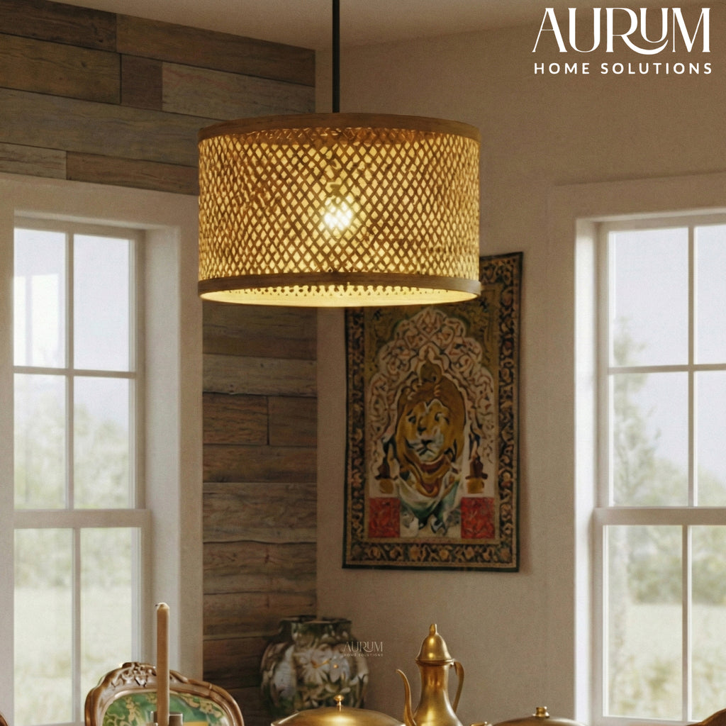 Minimal Nest Bamboo Hanging Lamp - Diamond Lattice Drum