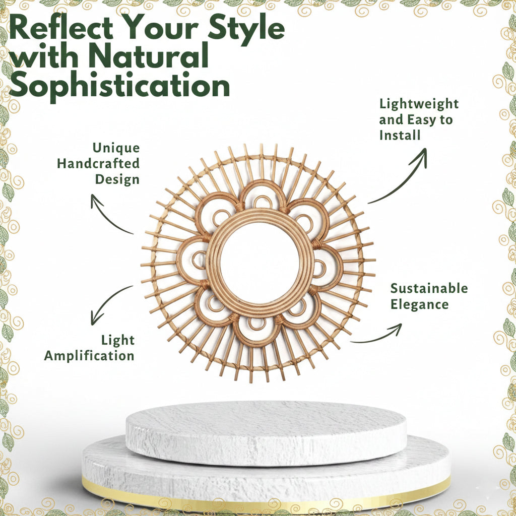 Wall Mirror with Rattan Sunburst Design for Homes