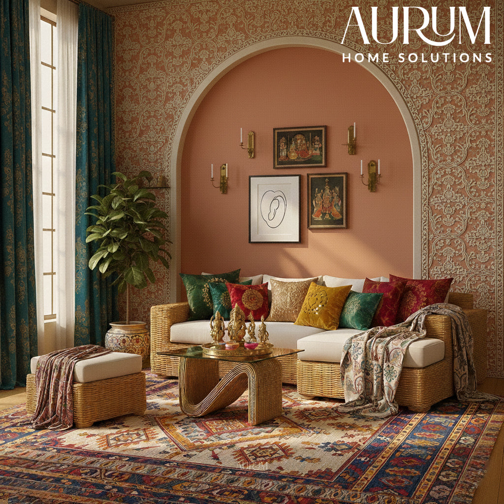 Cane Sofa Set with L Shaped Rattan Design for Indoors