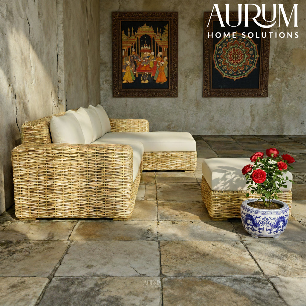 Cane Sofa Set with L Shaped Rattan Design for Indoors