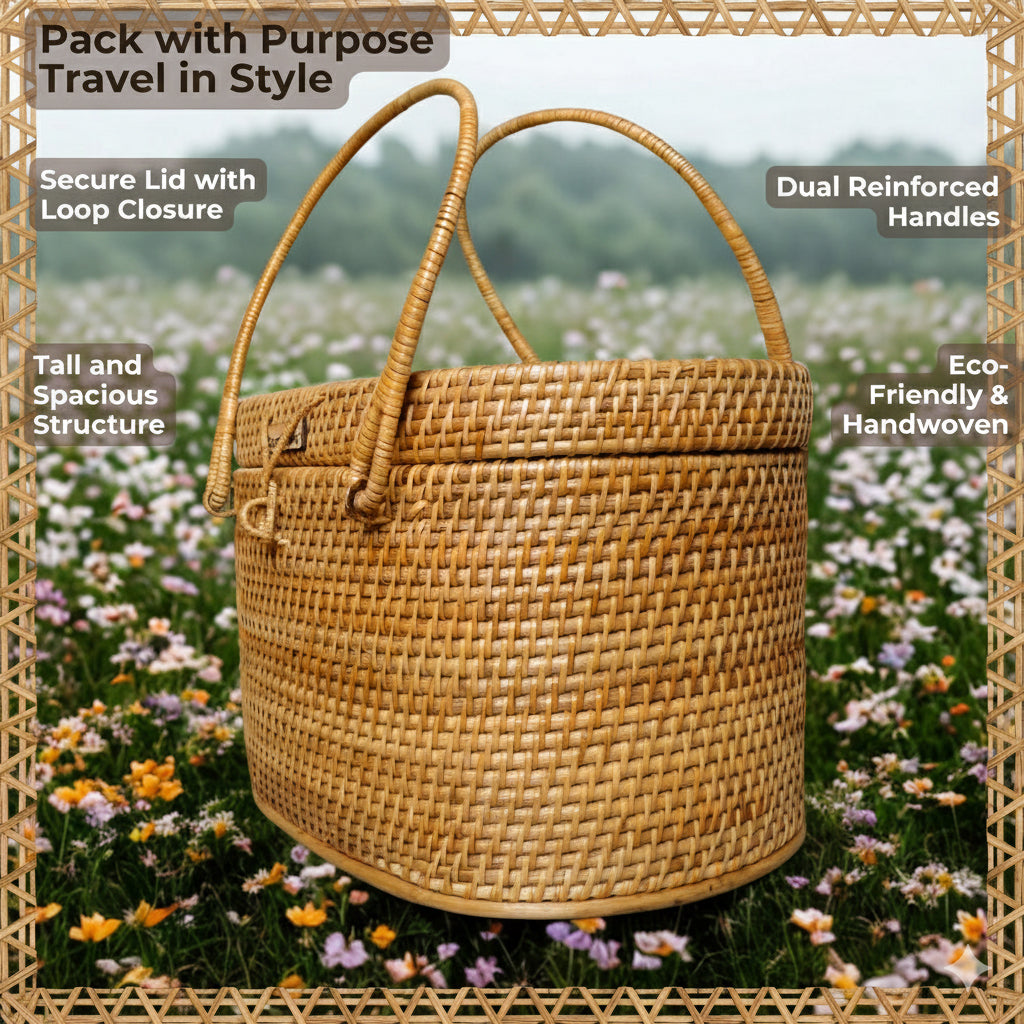 Borough - Lidded Oval Rattan Utility Basket with Dual Handles