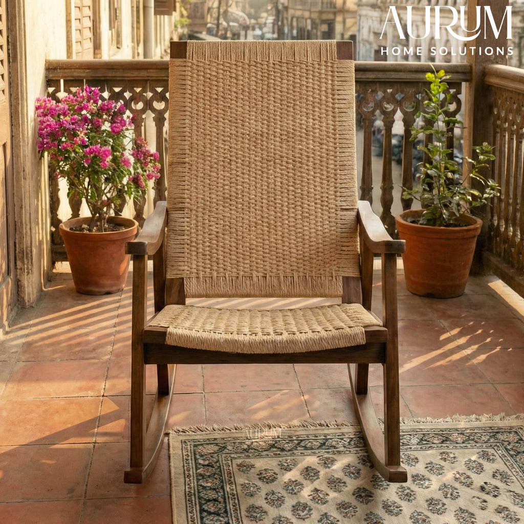 Handcrafted Teakwood Wicker Rocking Chair