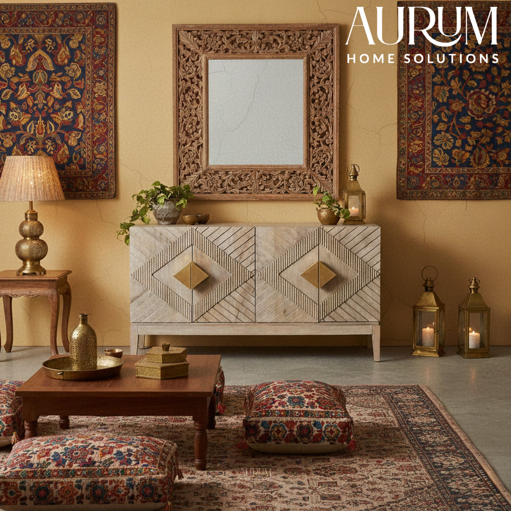 Handcarved Sunrise Sideboard in Washed Grey