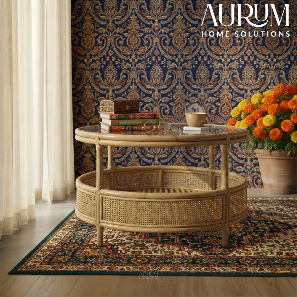 Coffee Table with Circular Chic Design and Natural Rattan (Without Glass)