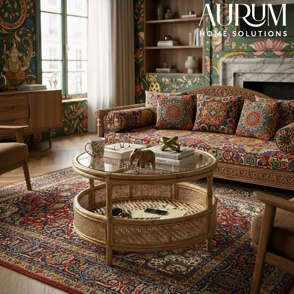 Coffee Table with Circular Chic Design and Natural Rattan (Without Glass)