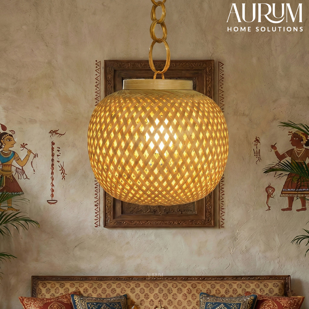 Bamboo Hanging Lamp with Modern Woven Round Shade