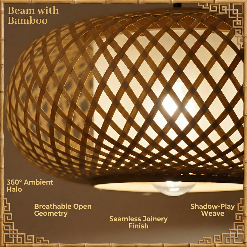Oval Cage Bamboo Hanging Lamp - Open Lattice Cane