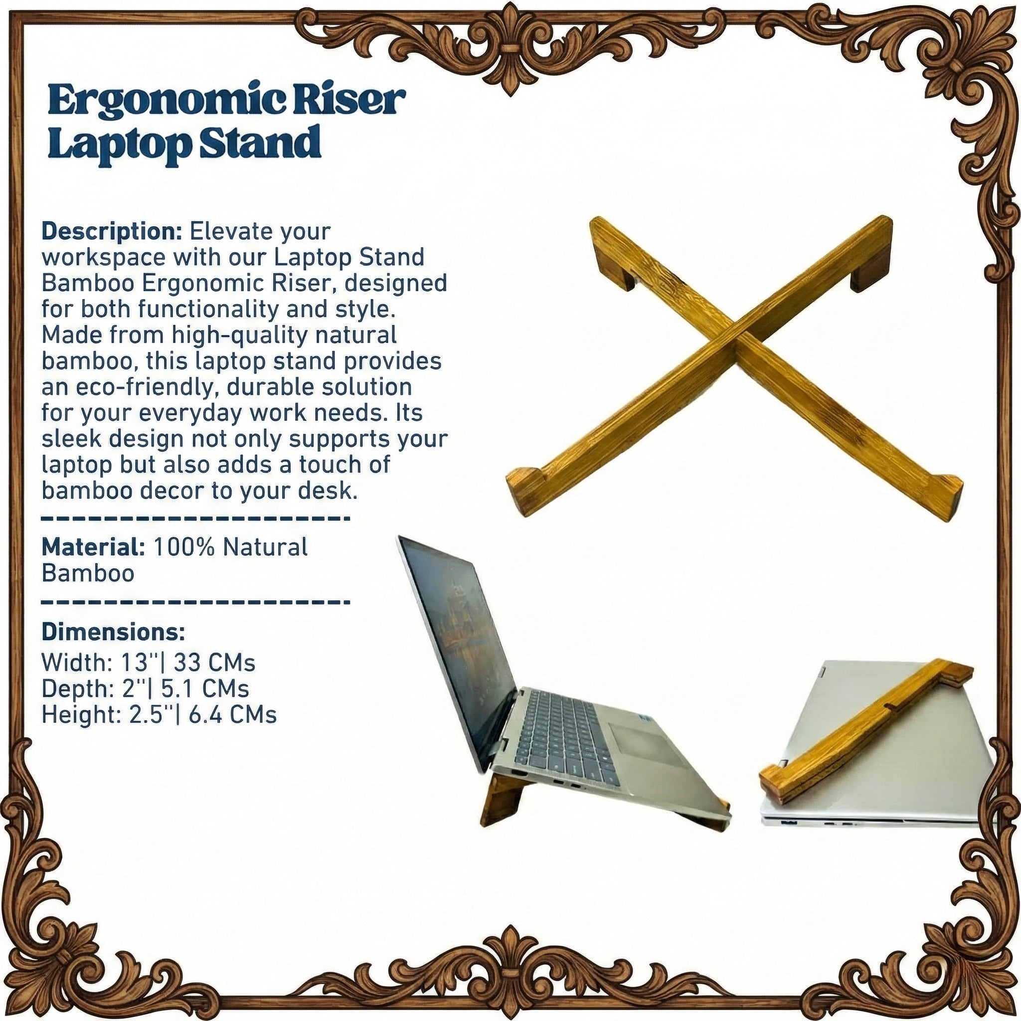 Laptop Stand Bamboo Ergonomic Riser | Sleek Desk Organizer