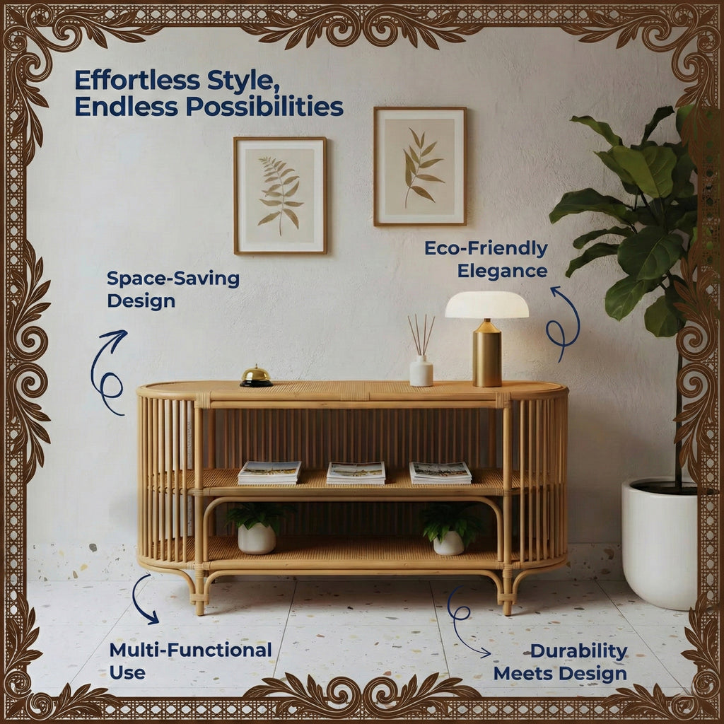 Console Table with Rattan Shelving for Entertainment Spaces