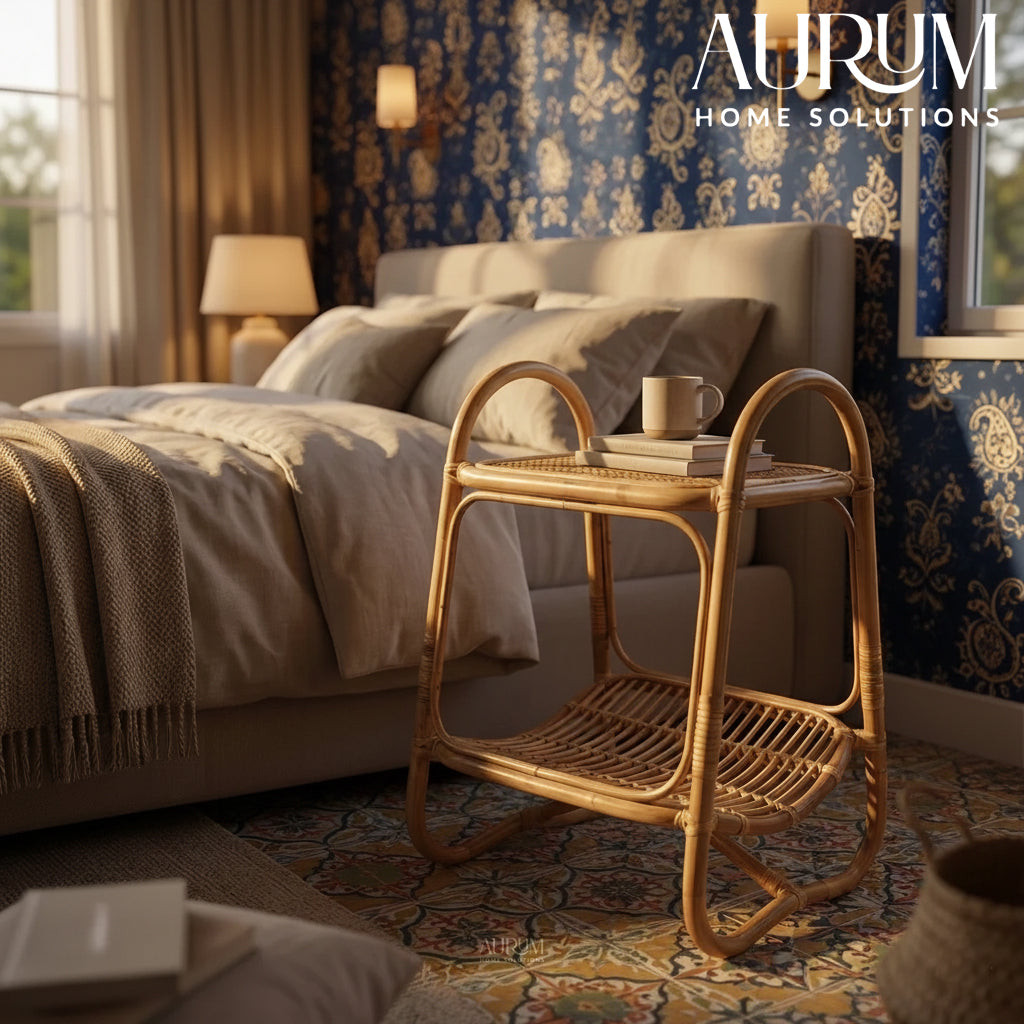 Side Table with Double-Tier Rattan Design