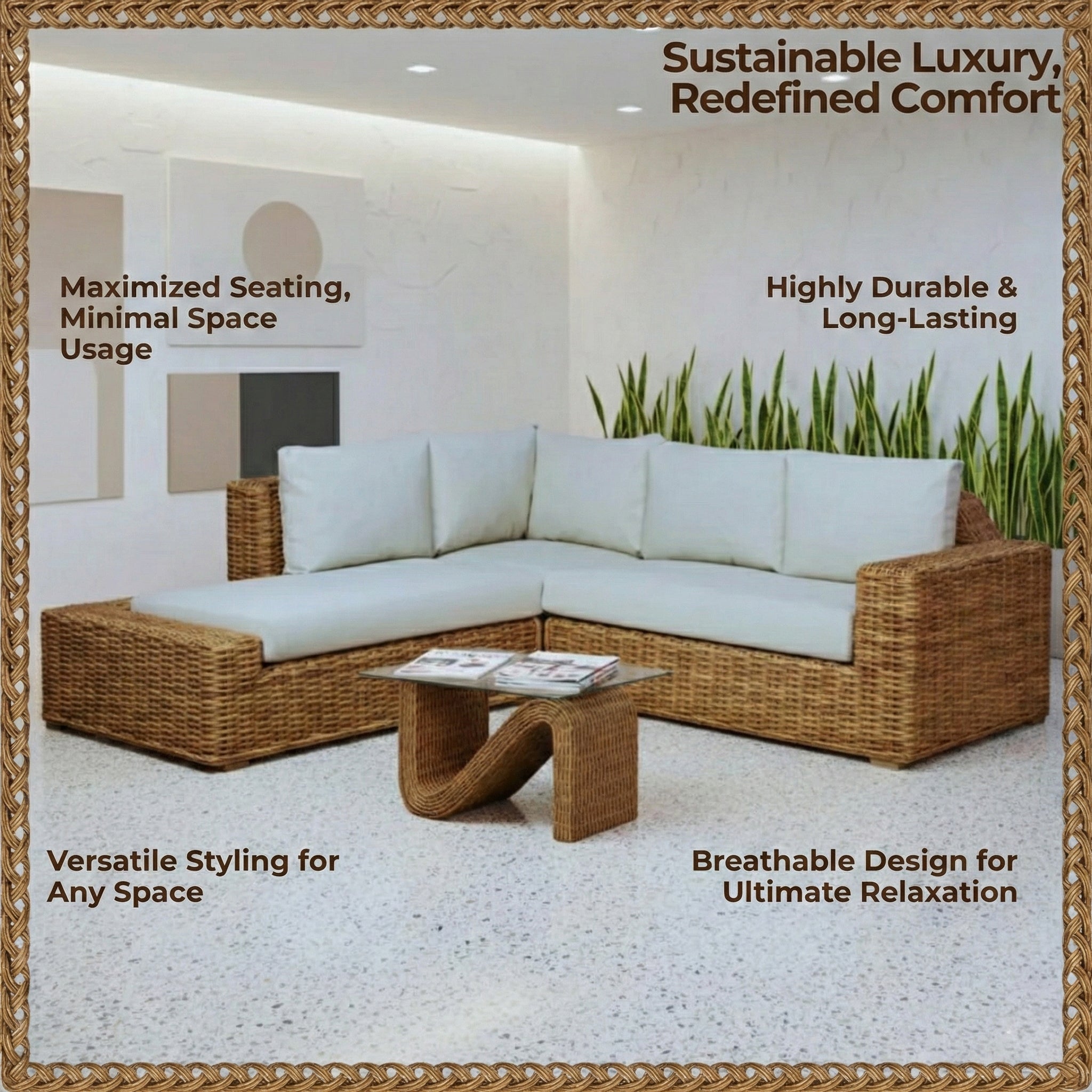 Cane Sofa Set with L Shaped Rattan Design for Indoors