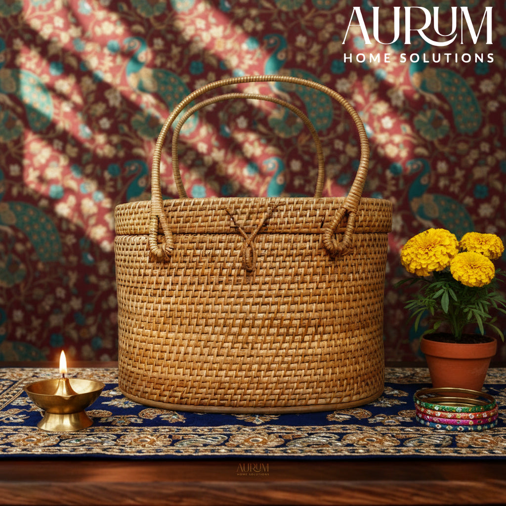Borough - Lidded Oval Rattan Utility Basket with Dual Handles