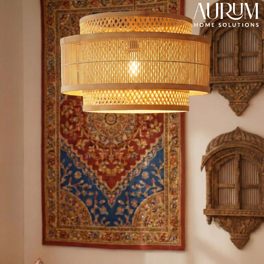 Double Layer Bamboo Hanging Lamp - Tiered Drum Pendant