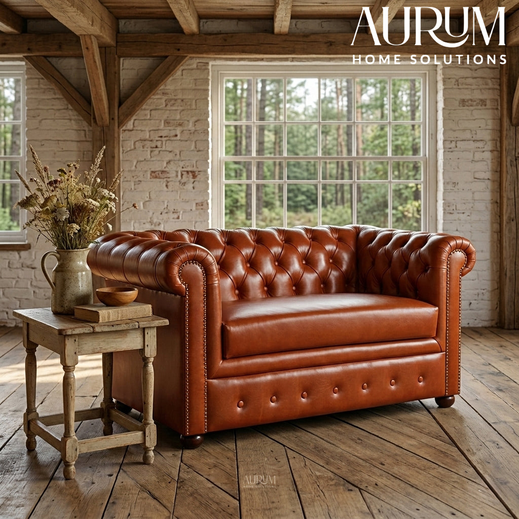 Brand New Tan Leather Chesterfield Two-Seater Sofa