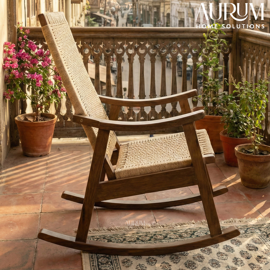 Handcrafted Teakwood Wicker Rocking Chair
