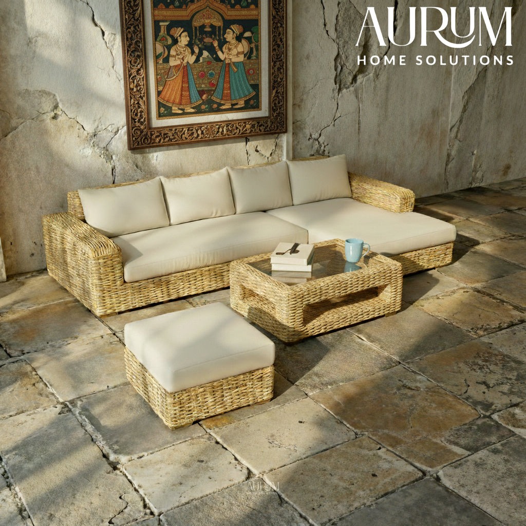 Cane Sofa Set with L Shaped Rattan Design for Indoors