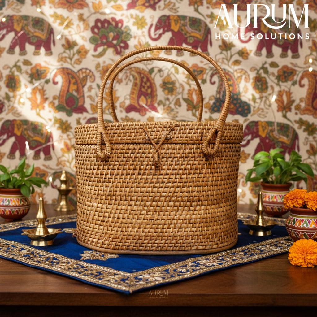 Borough - Lidded Oval Rattan Utility Basket with Dual Handles