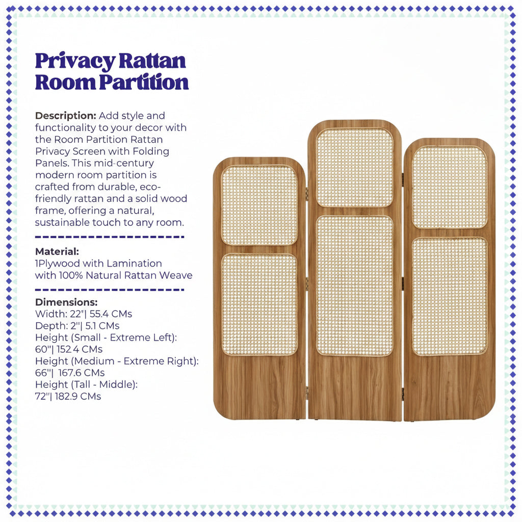 Room Partition Rattan Privacy Screen with Folding Panels