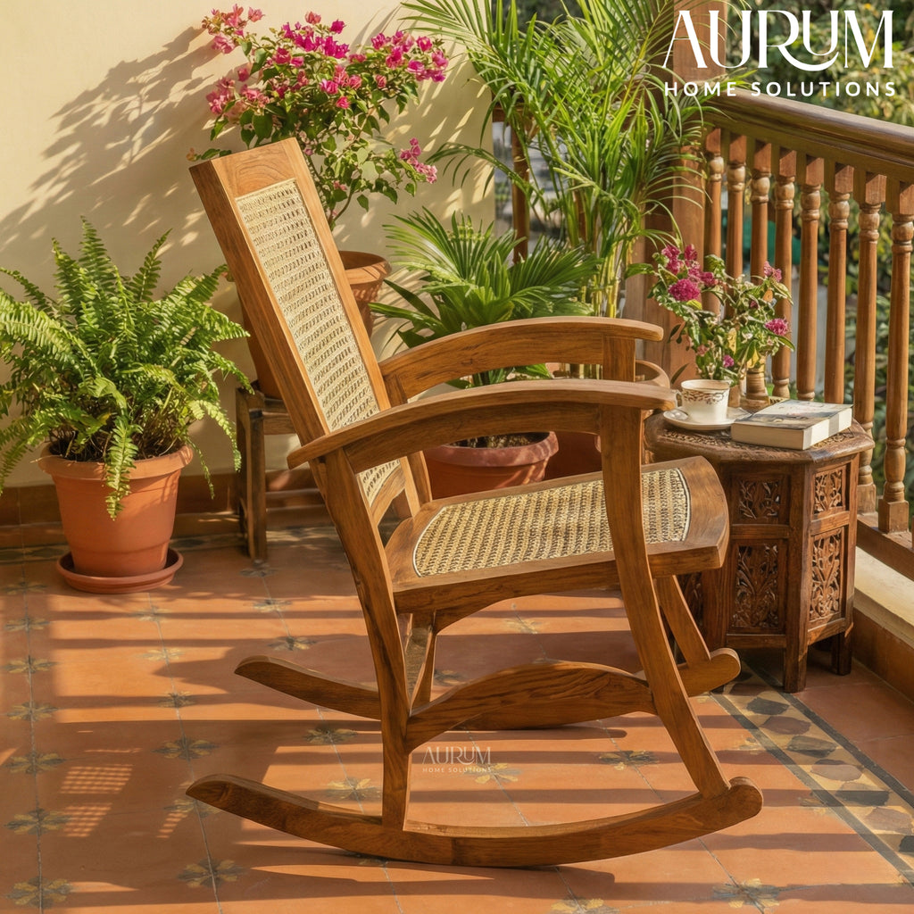 Rocking Teak Wood and Wicker Armchair