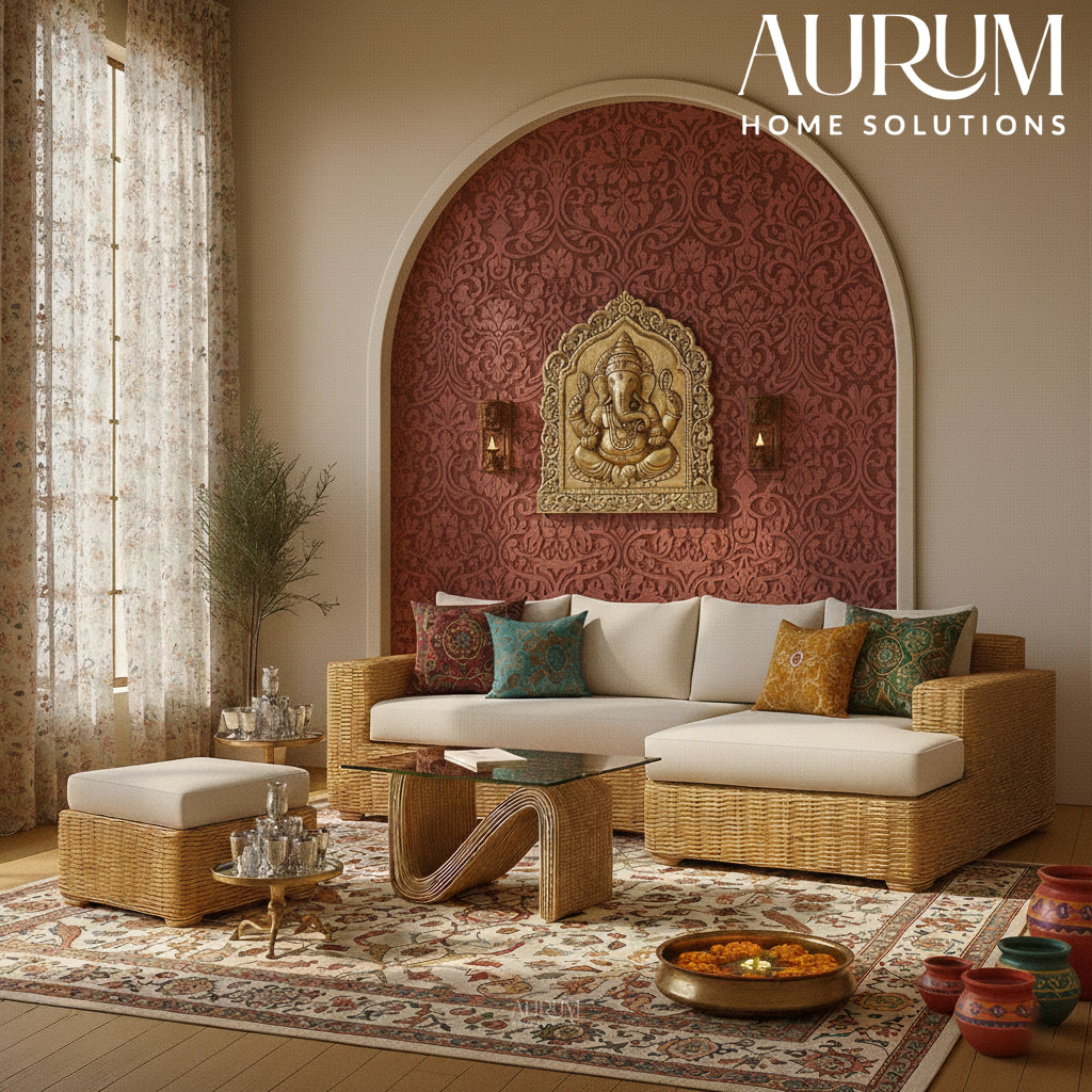 Cane Sofa Set with L Shaped Rattan Design for Indoors
