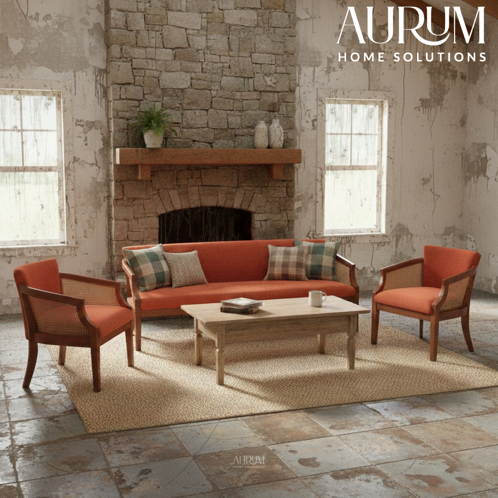 Heritage Teak and Cane Sofa Set with Cushions