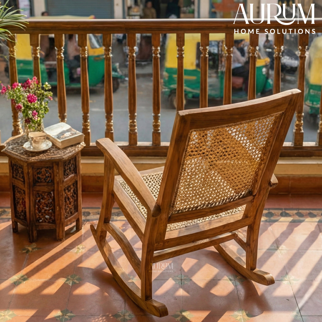 Rocking Teak Wood and Wicker Armchair