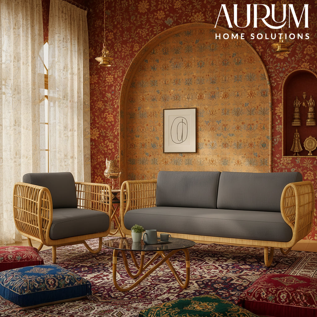 Cane Sofa Set with Curved Rattan Design for Indoor & Outdoor