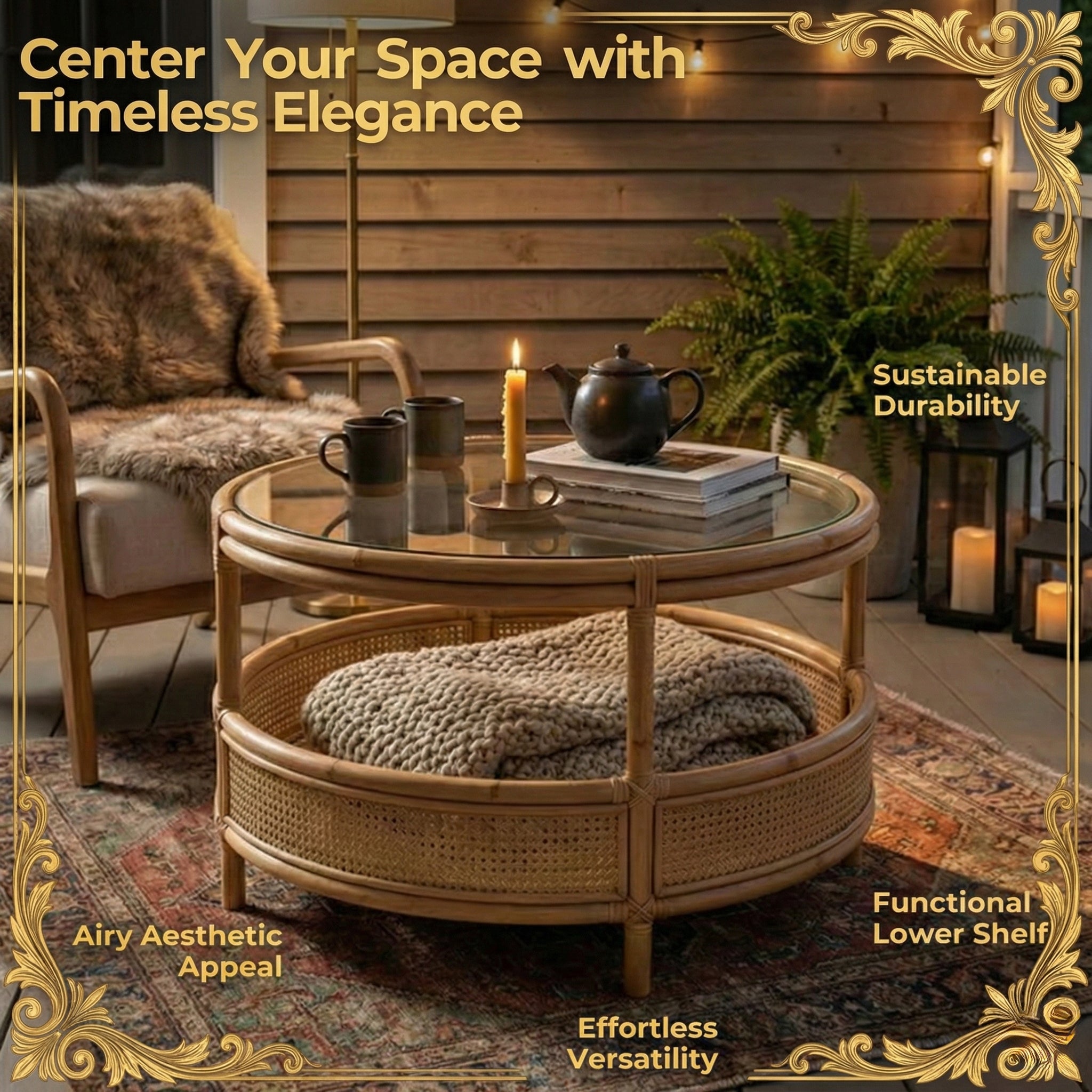 Coffee Table with Circular Chic Design and Natural Rattan (Without Glass)