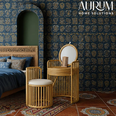 Dressing Table with Foldable Rattan Vanity and Stool