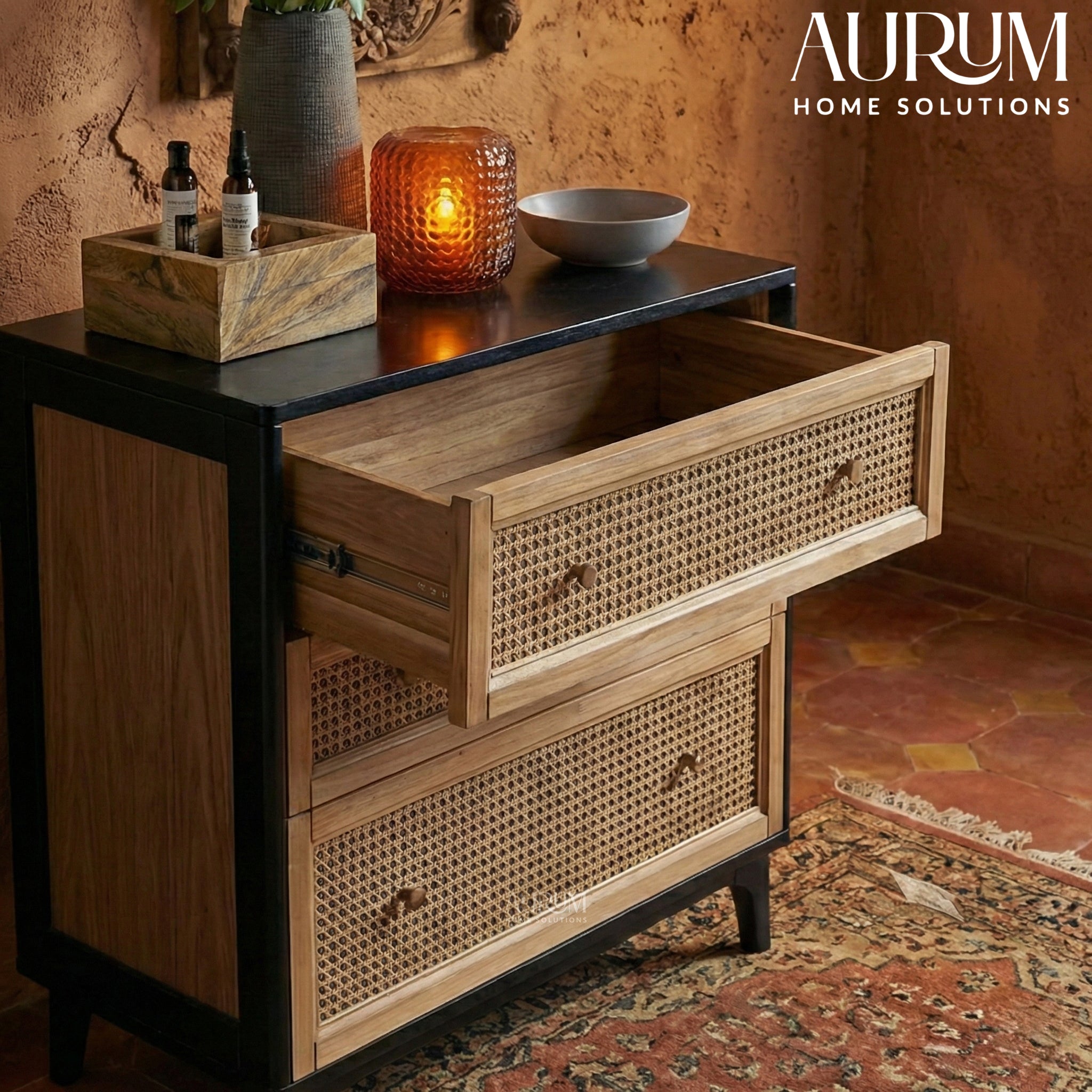 Modern 3-Drawer Rattan Chest of Drawers