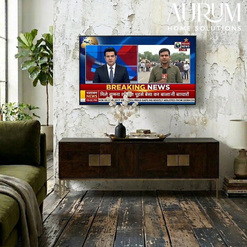 Modern Mango Wood TV Console with Brass Accents