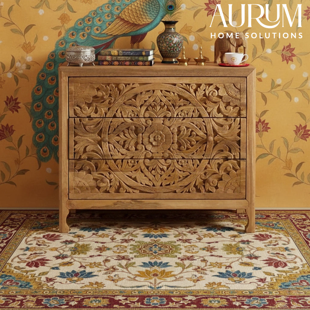 Elegant Floral Handcarved 3-Drawer Dresser