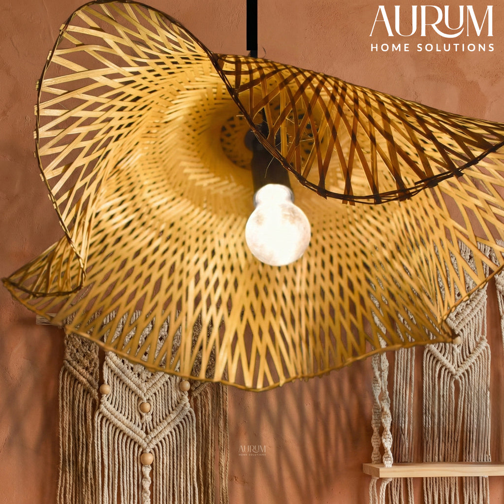 Radiance Bamboo Hanging Lamp - Wave-Edge Chevron Cane