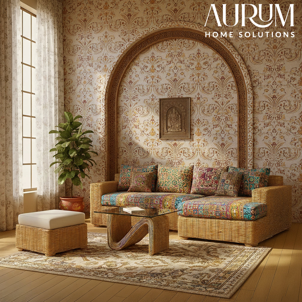 Cane Sofa Set with L Shaped Rattan Design for Indoors