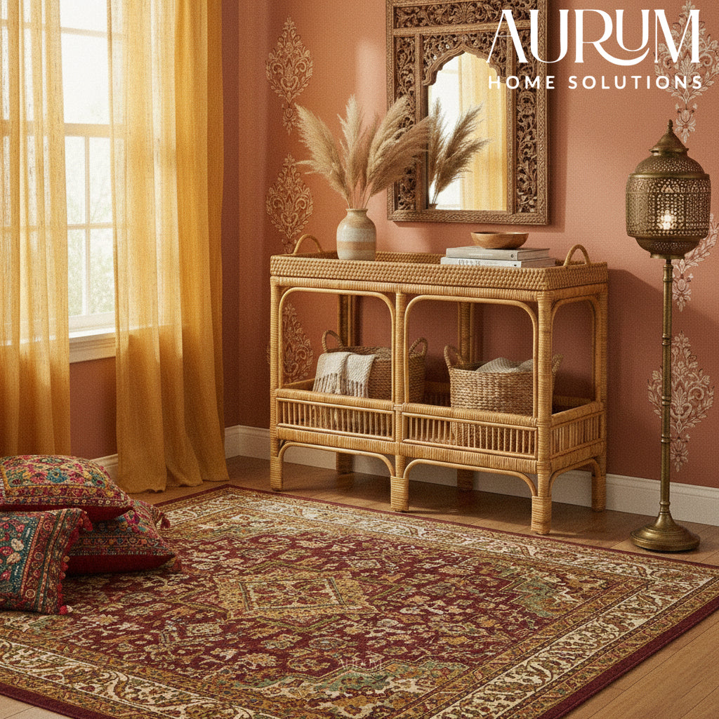 Console Table with Marvel Rattan Weaving and Two-Tier Design