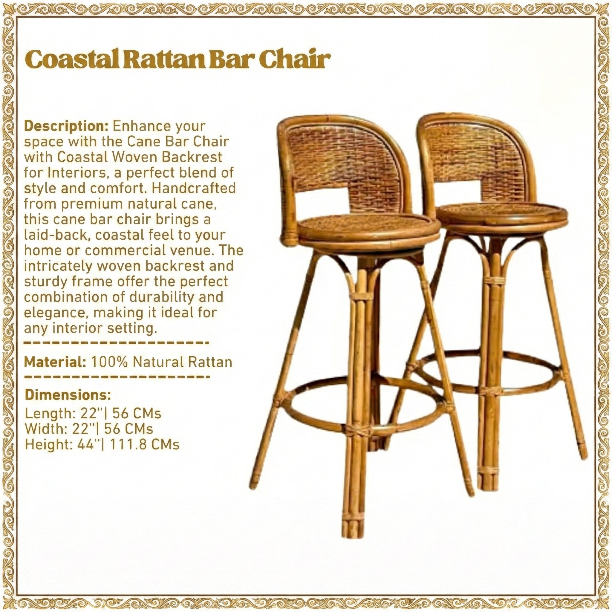 Cane Bar Chair with Coastal Woven Backrest for Interiors
