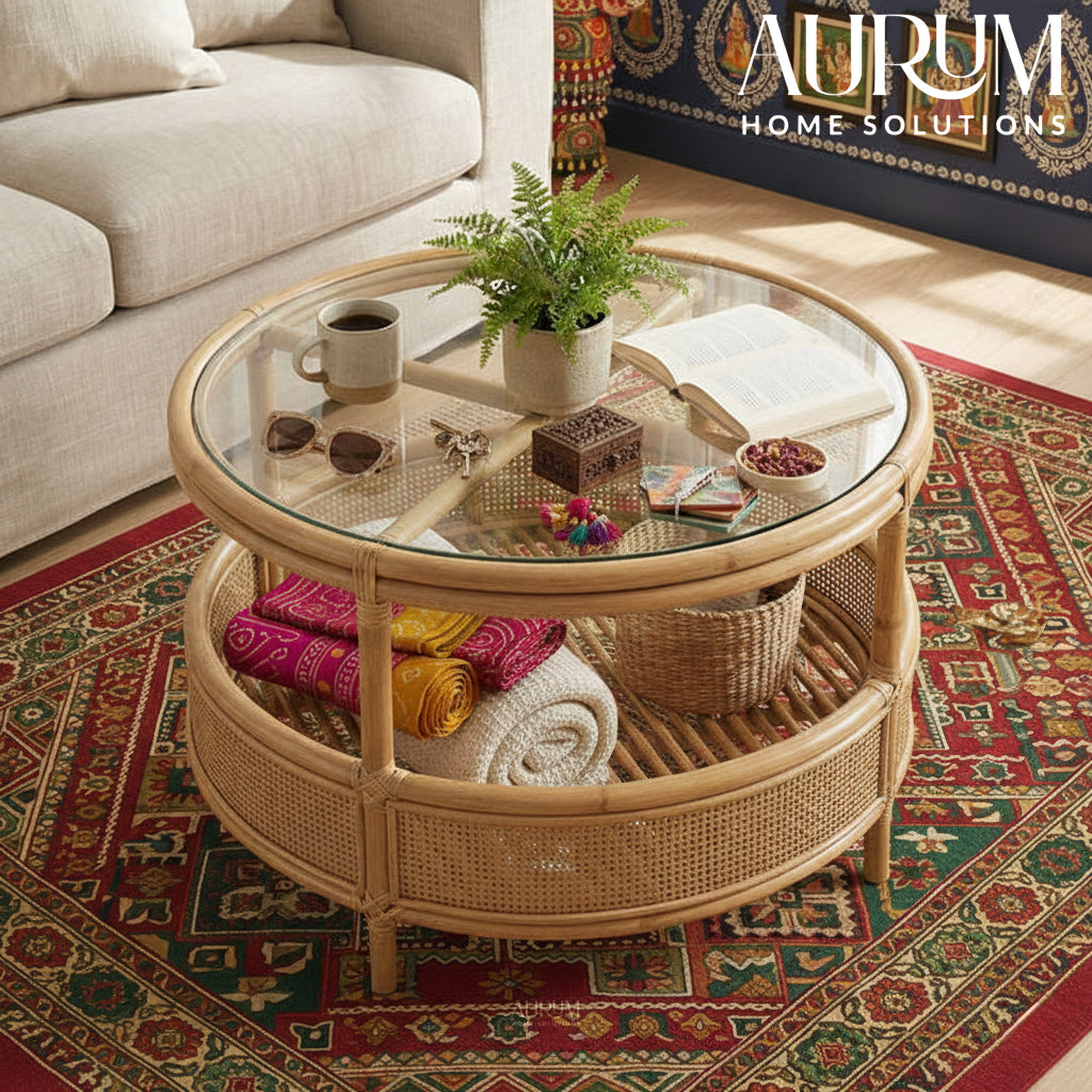 Coffee Table with Circular Chic Design and Natural Rattan (Without Glass)