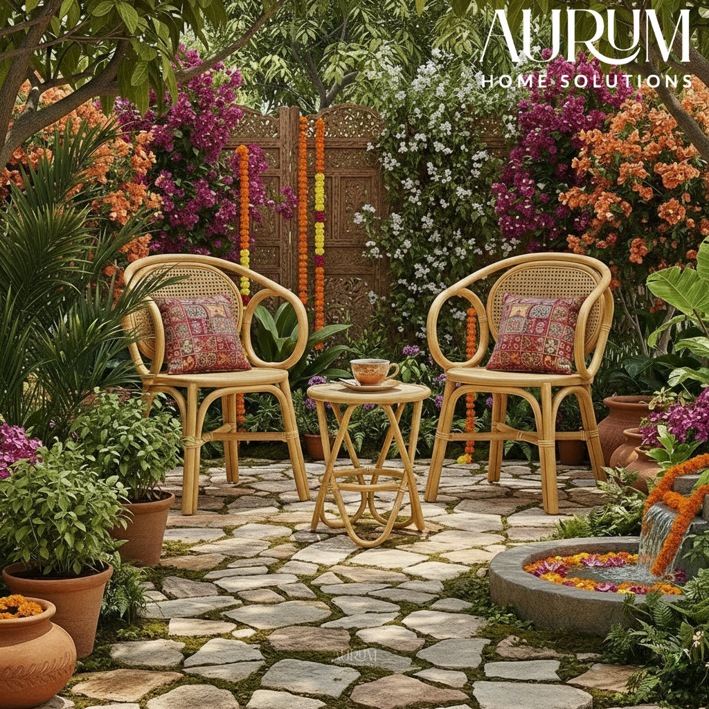 Outdoor Seating for Balcon | Sunbeam Handwoven Outdoor Seating for Balcony & Garden- Rattan Patio Set |