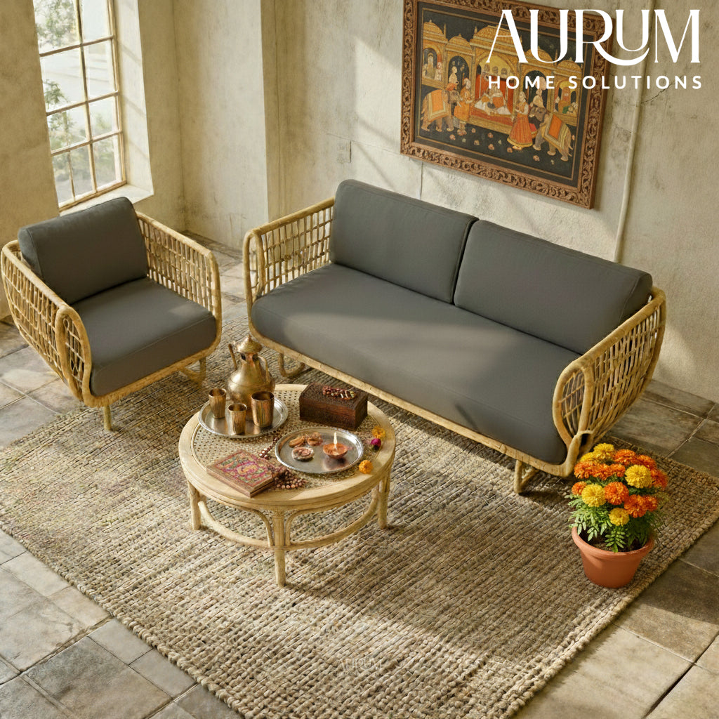 Cane Sofa Set with Curved Rattan Design for Indoor & Outdoor