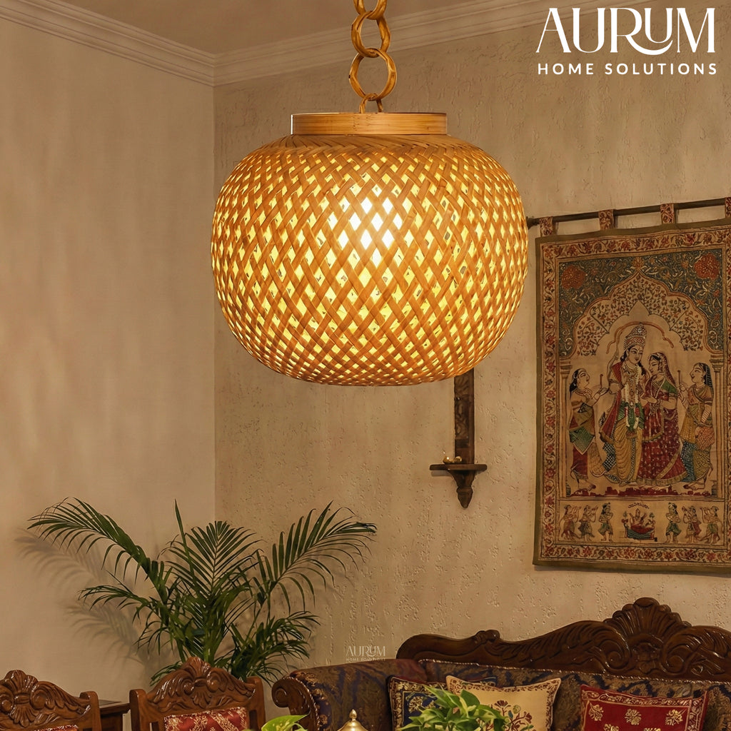 Bamboo Hanging Lamp with Modern Woven Round Shade