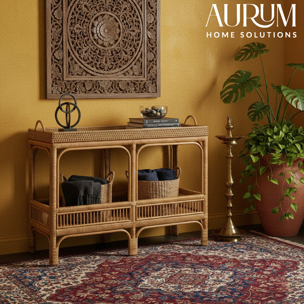 Console Table with Marvel Rattan Weaving and Two-Tier Design