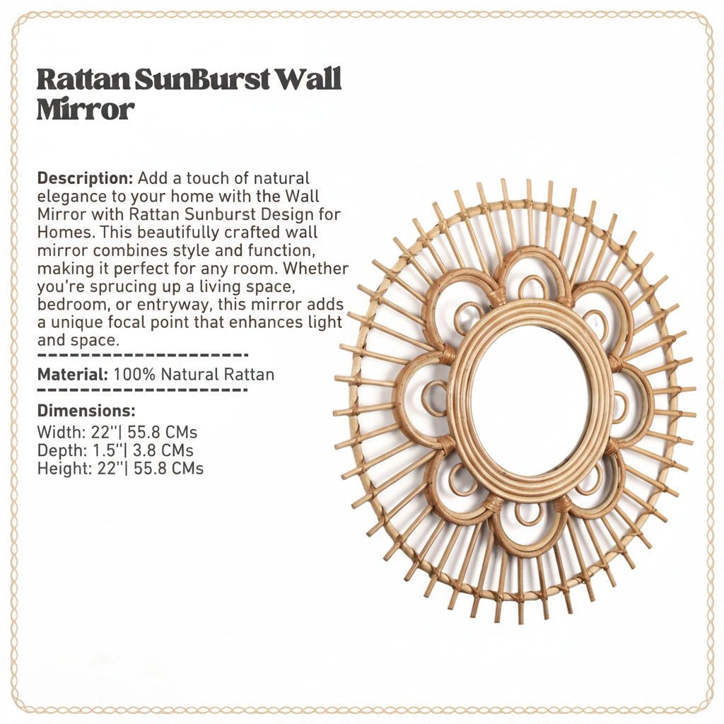 Wall Mirror with Rattan Sunburst Design for Homes
