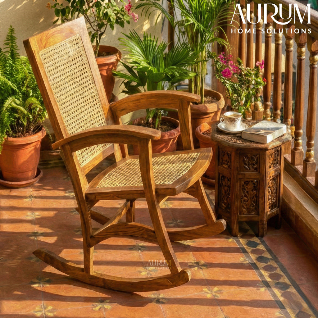 Rocking Teak Wood and Wicker Armchair
