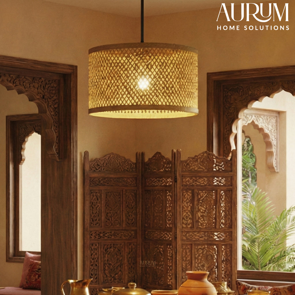 Minimal Nest Bamboo Hanging Lamp - Diamond Lattice Drum